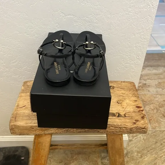 COPY - YSL Belfator Flat Black Sandals with Silver Ring