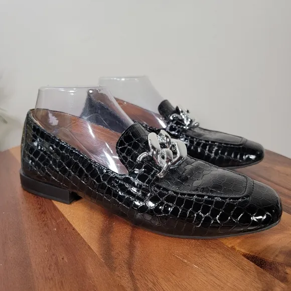 Donald Pliner Bristol Black Croc Leather Loafers Oversized Chain Accent Size 8.5