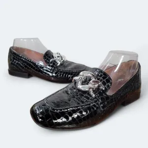 Donald Pliner Bristol Black Croc Leather Loafers Oversized Chain Accent Size 8.5