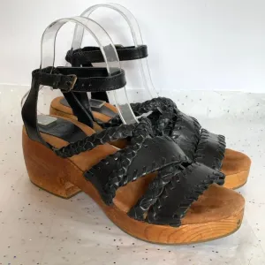 Ecote Urban Outfitters Black Leather Whipstitch Strappy Wood Platform Sandals 8