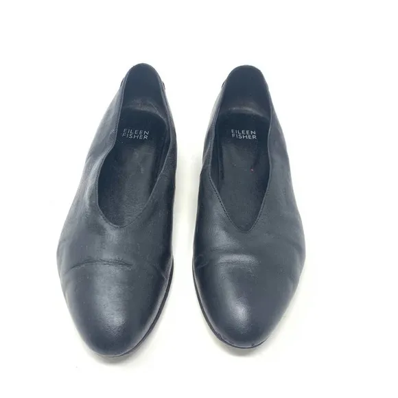 Eileen Fisher Black Leather Pointed Toe Ballet Wedge Flats Size US 7.5