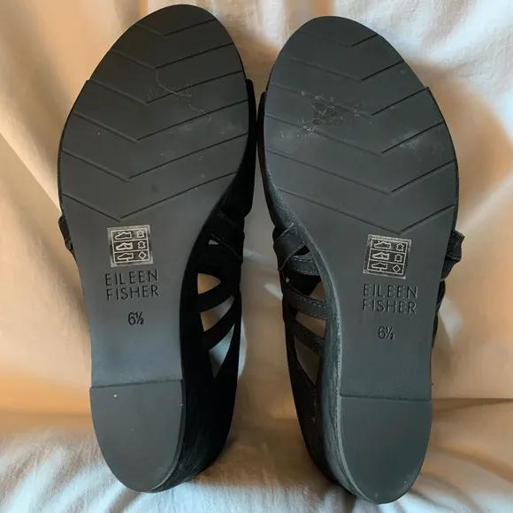 Eileen Fisher 'Dewey' black strappy wedge sandals