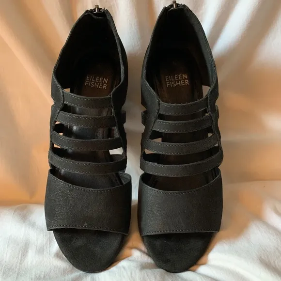 Eileen Fisher 'Dewey' black strappy wedge sandals
