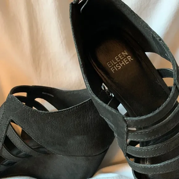 Eileen Fisher 'Dewey' black strappy wedge sandals