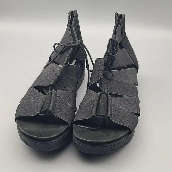 Eileen Fisher Sandals Black Link Open Toe Strappy Tie Zip Platform Sz 6 New