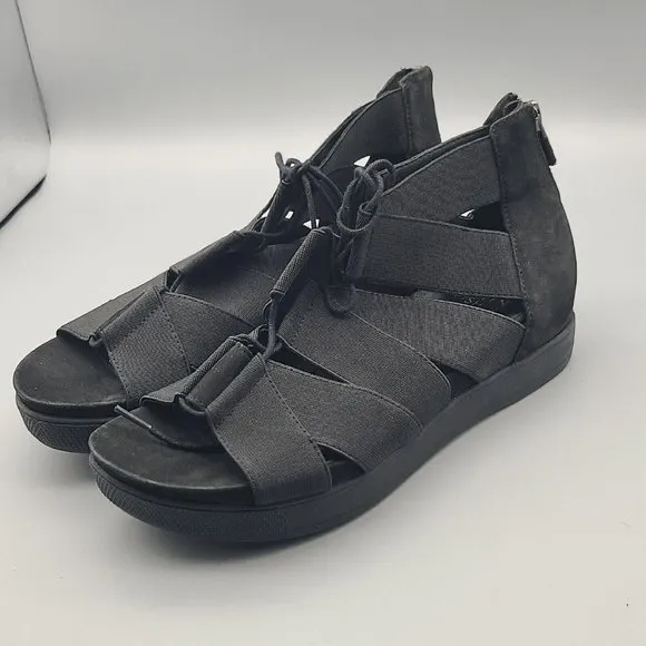 Eileen Fisher Sandals Black Link Open Toe Strappy Tie Zip Platform Sz 6 New