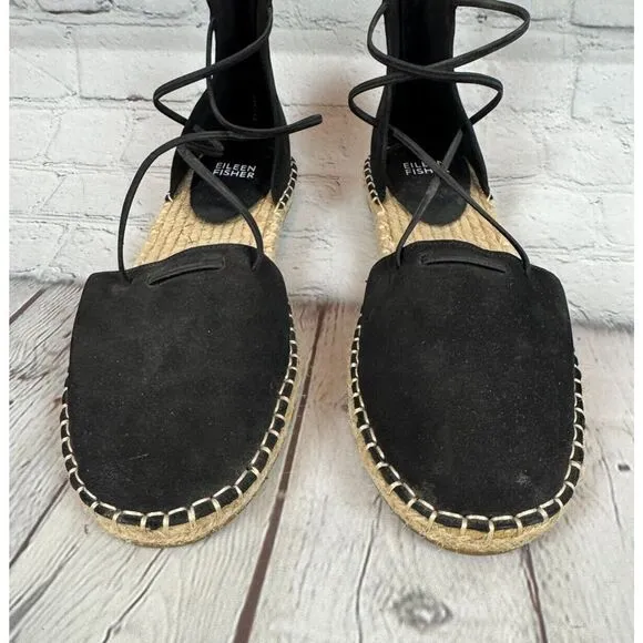 EILEEN FISHER Lala espadrille flat black sandals size 7.5 NWOB