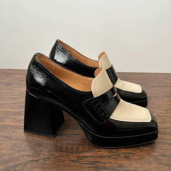 Embassy London Tamara Heeled Chunky Patent Leather Loafers Size 37 Black White