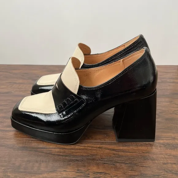Embassy London Tamara Heeled Chunky Patent Leather Loafers Size 37 Black White