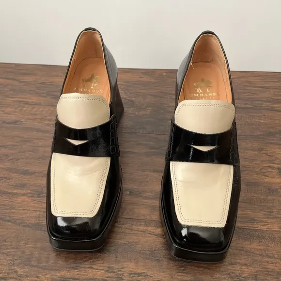 Embassy London Tamara Heeled Chunky Patent Leather Loafers Size 37 Black White