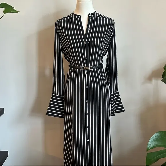 Equipment 100% Silk Black White Stripe Maxi Shirt Dress – Size XS