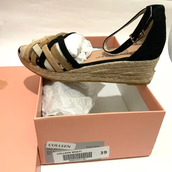 Eric Michael Colleen Black Tan White Suede Espadrille Sandals Multi Ankle Strap