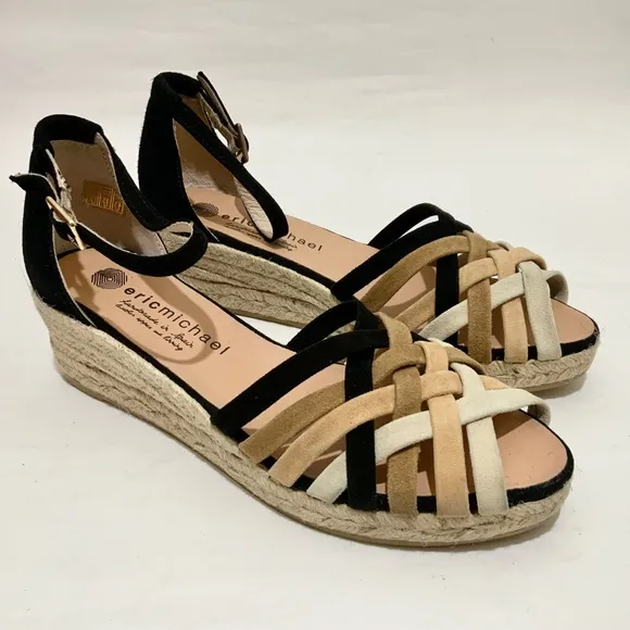 Eric Michael Colleen Black Tan White Suede Espadrille Sandals Multi Ankle Strap