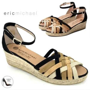 Eric Michael Colleen Black Tan White Suede Espadrille Sandals Multi Ankle Strap