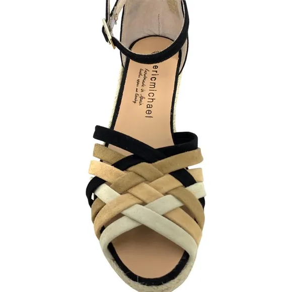 Eric Michael Colleen Black Tan White Suede Espadrille Sandals Multi Ankle Strap