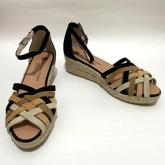 Eric Michael Colleen Black Tan White Suede Espadrille Sandals Multi Ankle Strap