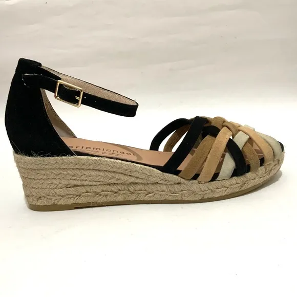 Eric Michael Colleen Black Tan White Suede Espadrille Sandals Multi Ankle Strap