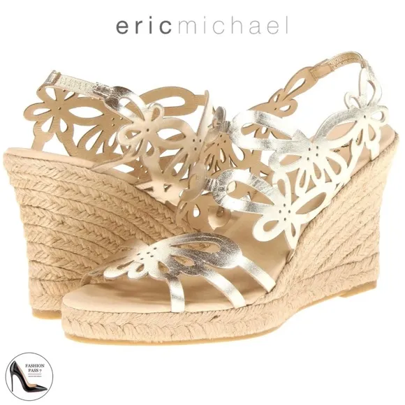 Eric Michael Jillian Gold Leather Espadrille Sandals Platform Wedge Heel Pump 38