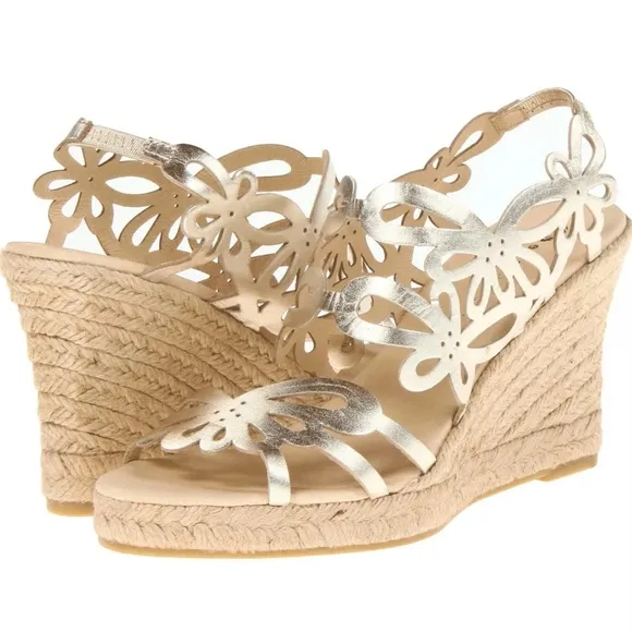 Eric Michael Jillian Gold Leather Espadrille Sandals Platform Wedge Heel Pump 38