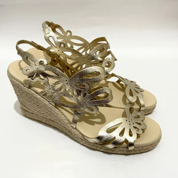 Eric Michael Jillian Gold Leather Espadrille Sandals Platform Wedge Heel Pump 38