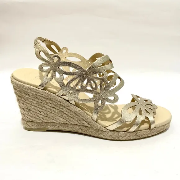 Eric Michael Jillian Gold Leather Espadrille Sandals Platform Wedge Heel Pump 38