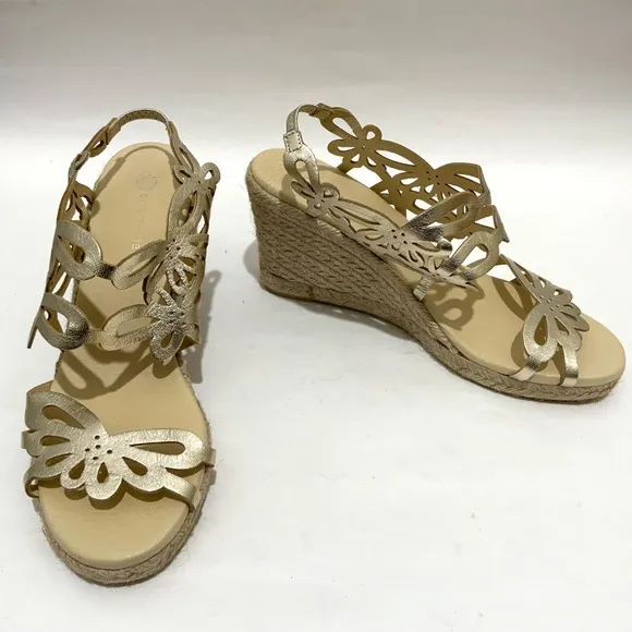 Eric Michael Jillian Gold Leather Espadrille Sandals Platform Wedge Heel Pump 38