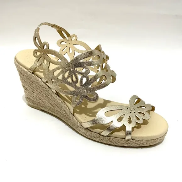 Eric Michael Jillian Gold Leather Espadrille Sandals Platform Wedge Heel Pump 38
