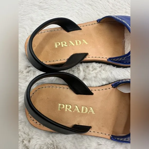 EUC Prada sling back peep toe flat sandals size 38.5 blue black sandals