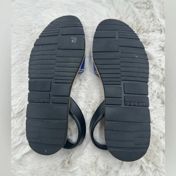 EUC Prada sling back peep toe flat sandals size 38.5 blue black sandals