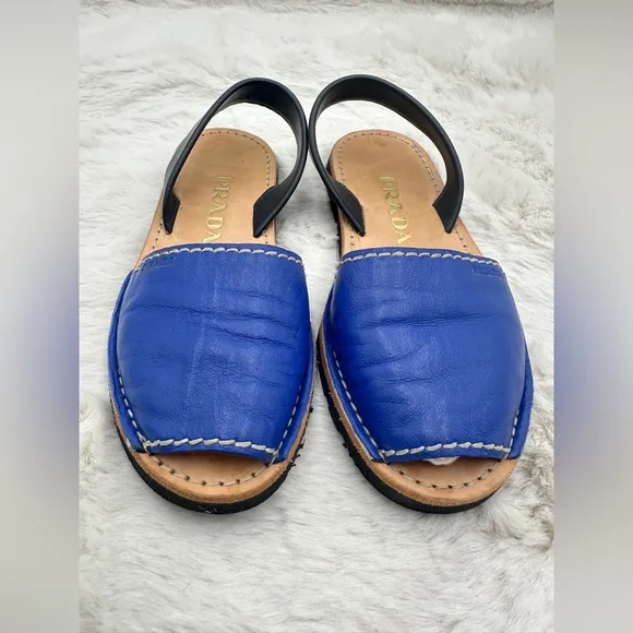 EUC Prada sling back peep toe flat sandals size 38.5 blue black sandals