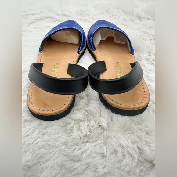EUC Prada sling back peep toe flat sandals size 38.5 blue black sandals
