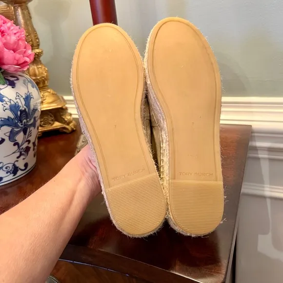 EUC Tory Burch Ines Logo Espadrilles in Spark Gold Leather Size 7 M