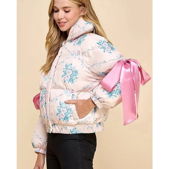 Floral Pink Puffer Jacket for Women