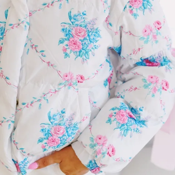 Floral Puffer Jacket with Ribbon