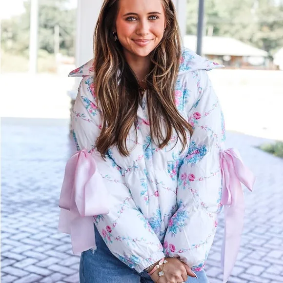 Floral Puffer Jacket with Ribbon