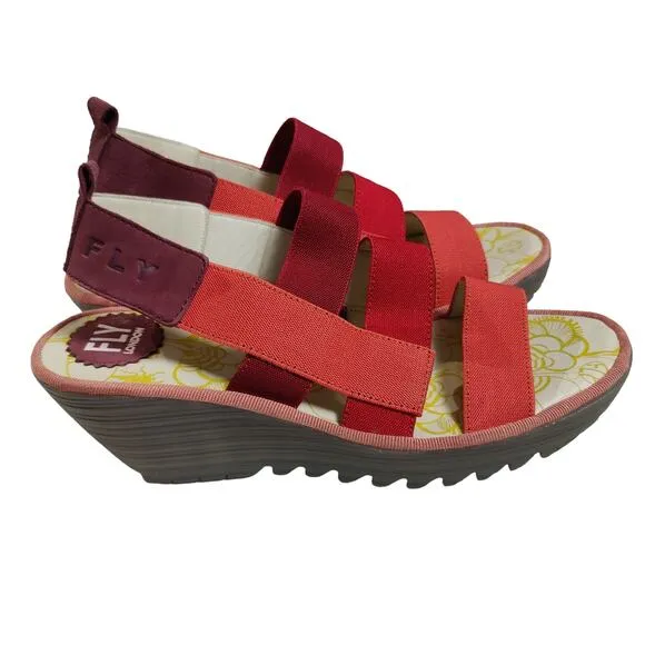 Fly London Women's Sz 40 (9-9.5) Yery Red Strappy Platform Wedge Sandals