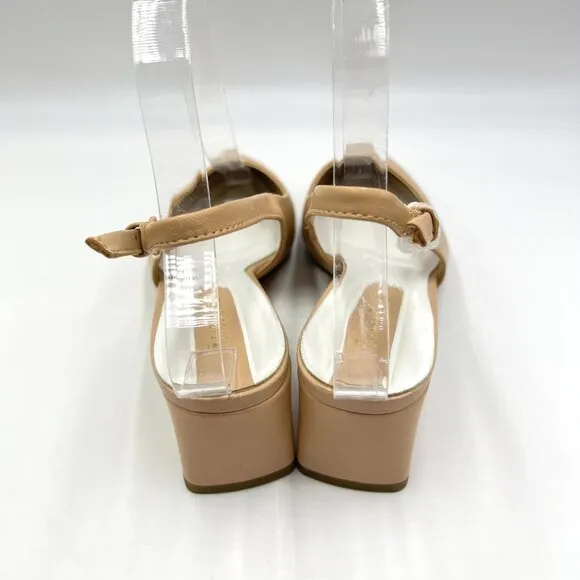 Franco Sarto 6.5 Racer Beige Nude Tan Leather Slingback Block Heels Pumps Shoes