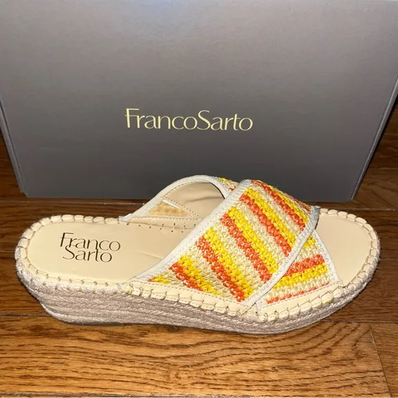 Franco Sarto Pacifica Espadrilles Platform Wedge Sandal Orange &amp; Cream Women’s 8