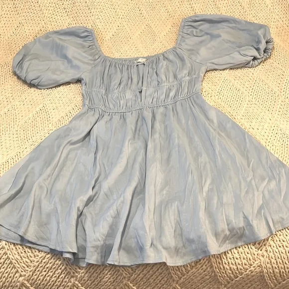 Free People Blue Puffy Sleeve Cinched Waist Mini Dress by Seven Wonders 8 (L)
