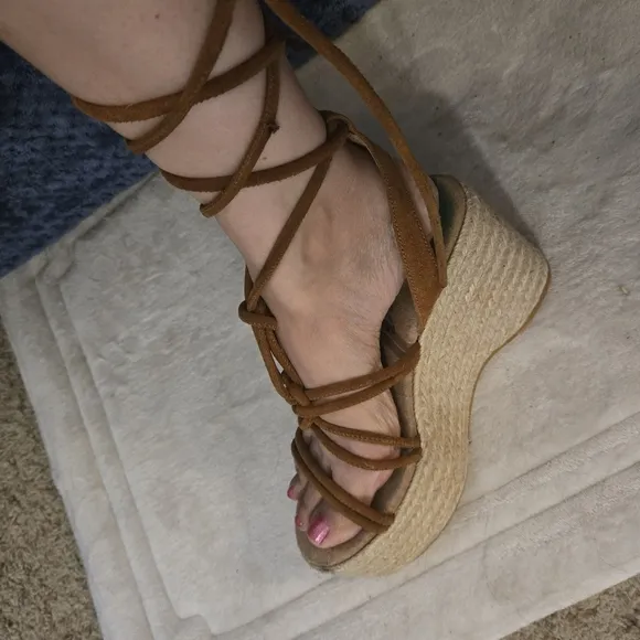 Free People Coastal Strappy Suede Platform Wedge Espadrilles in Cognac Size 8