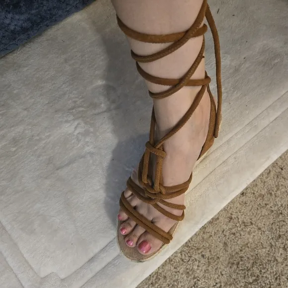 Free People Coastal Strappy Suede Platform Wedge Espadrilles in Cognac Size 8