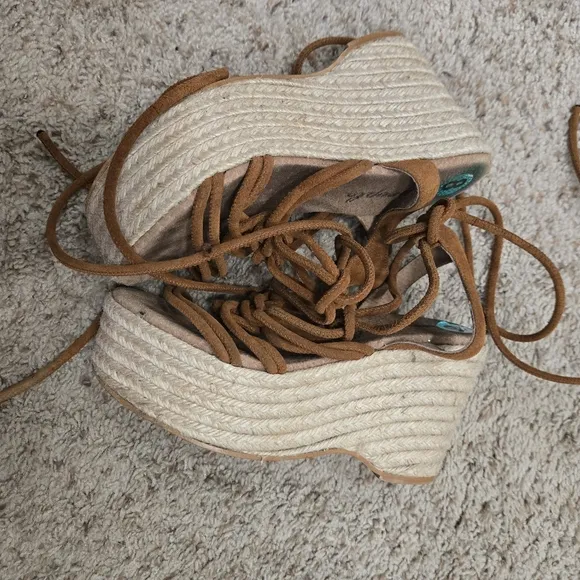 Free People Coastal Strappy Suede Platform Wedge Espadrilles in Cognac Size 8