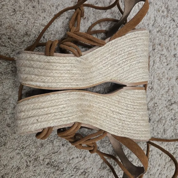 Free People Coastal Strappy Suede Platform Wedge Espadrilles in Cognac Size 8