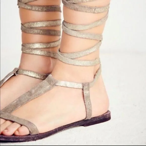 Free People Dahlia Lace Up Metallic Leather Gladiator Sandals Size 9.5