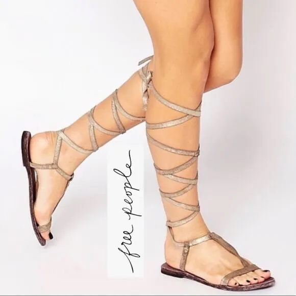 Free People Dahlia Lace Up Metallic Leather Gladiator Sandals Size 9.5