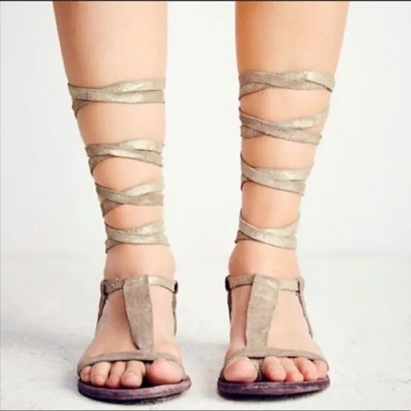 Free People Dahlia Lace Up Metallic Leather Gladiator Sandals Size 9.5