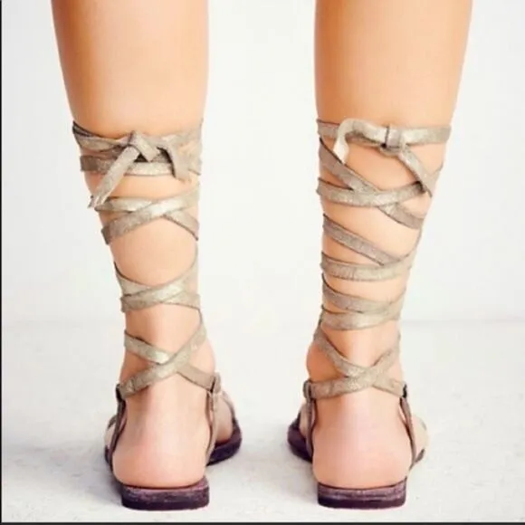 Free People Dahlia Lace Up Metallic Leather Gladiator Sandals Size 9.5