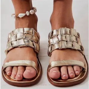 FREE PEOPLE Woven River Sandals Platina GoldResortwear Boho Flat Leather NWOB