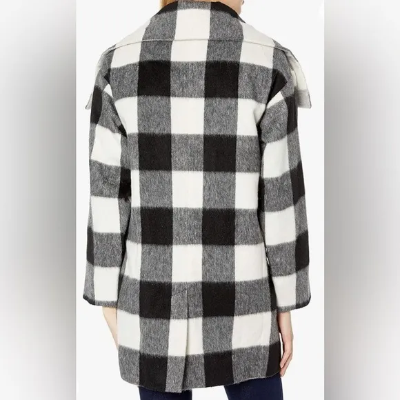 French Connection Jackie Wide Collar Coat Black White Check Medium 8 plaid