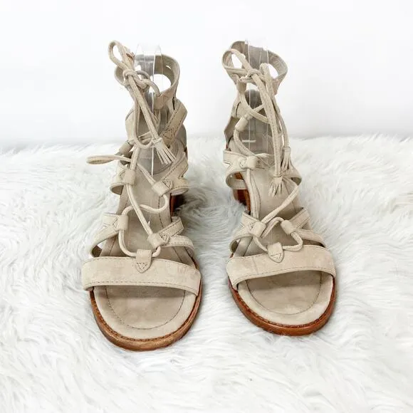 Frye 9 M Womens Beige Gray Suede Strappy Gladiator Heeled Sandals